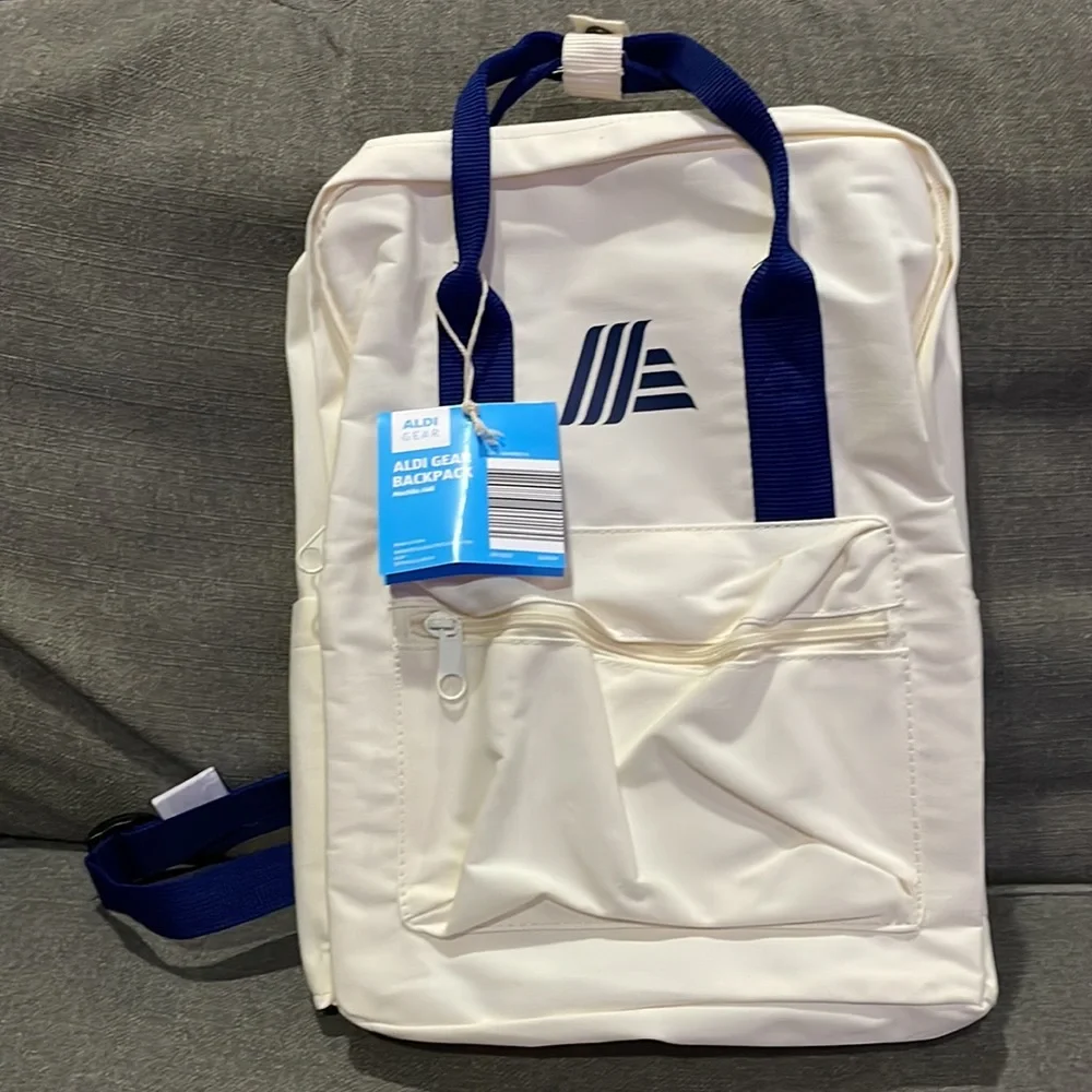 🍁 NEW Aldi Cream with Blue backpack Fall Gear 2023. With tags